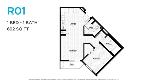 Floor plan for 1 bed, 1 bath, 898 sqft
